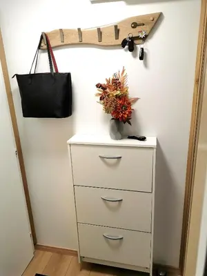 a white dresser with a black bag on a wall at Cosy Retreat Čatež in Čatež ob Savi