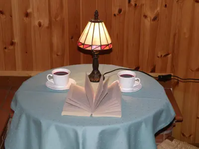 a table with a lamp and a book and cups of coffee at Apartments Ivančič in Kobarid