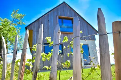 a wooden fence in front of a wooden house at Hisa Vukan - Eco House in middle of vineyard with Sauna! in Miklavž pri Ormožu