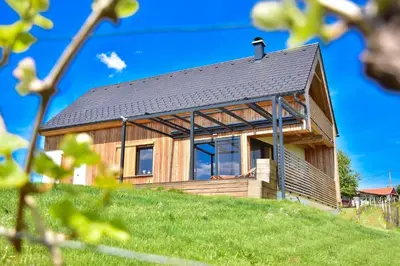 a wooden house on top of a hill at Hisa Vukan - Eco House in middle of vineyard with Sauna! in Miklavž pri Ormožu