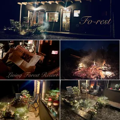 a collage of photos of a house with a fire at Living Forest Resort in Moravske Toplice