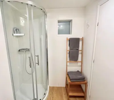 a bathroom with a shower and a mirror at Valetier apartments in Ljubljana