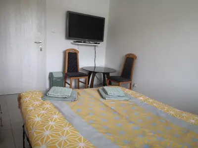 a room with a bed and two chairs and a tv at Sobe Zeleni raj in Podnart