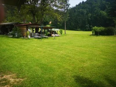 a house in a field with a grass yard at Hiška Zeleni raj in Podnart