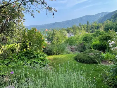 a garden with green grass and trees and mountains at The Boathouse Apartment in Bled