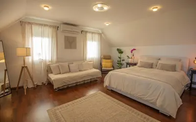 a bedroom with a large bed and a couch at Vineyard cottage Jelenov hrib in Smarjeske Toplice