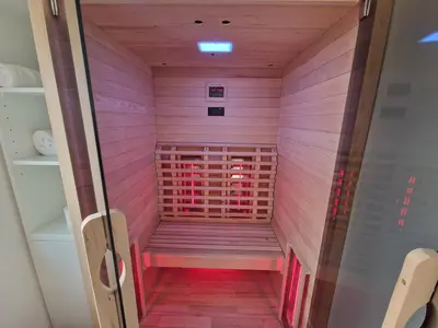 a walk in sauna with pink walls and wooden floors at Holiday home Melisa in Mozirje