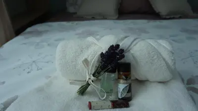 a bottle of soap and flowers on a bed at Apartma Relax in Prestranek