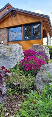 a house with rocks and purple flowers in front of it at Apartma Relax in Prestranek