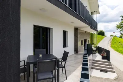 a dining room with a table and chairs on a patio at Vila Emina in Podčetrtek