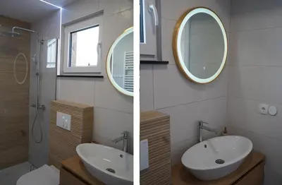 two pictures of a bathroom with a sink and a mirror at ARIA DELUXE Mobile Homes with Terme Čatež Tickets in Čatež ob Savi