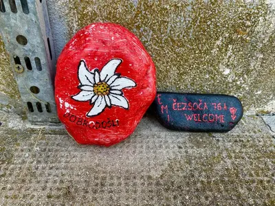 a red rock with a flower painted on it next to a blue object at Apartma EMI in Bovec