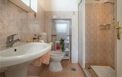 a bathroom with a sink and a toilet and a shower at Amazing Home In Podgorje in Podgorje
