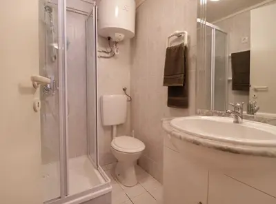 a bathroom with a sink and a toilet and a shower at Spring rest in Bled