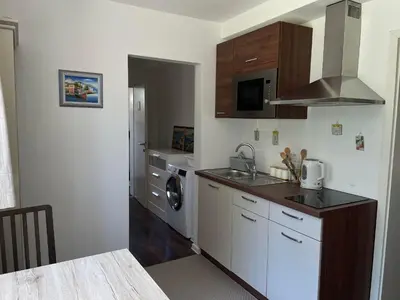 a kitchen with a sink and a washing machine at Apartma FIREFLY2 in Ljubljana