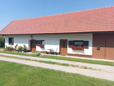 a white house with a red roof and a grass yard at Apartma Vida in Videm pri Ptuju