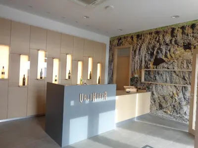 a store lobby with a stone wall and a sign at Vino Valdhuber Apartments in Svečina