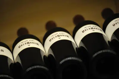 a row of bottles of wine in a wine cellar at Vino Valdhuber Apartments in Svečina