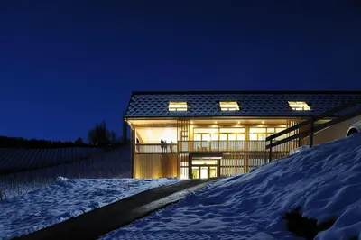 a house in the snow at night at Vino Valdhuber Apartments in Svečina