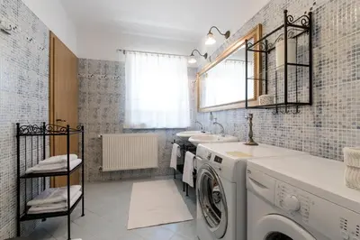 a bathroom with a washing machine and a sink at Vila Sistiana in Kostanjevica na Krasu