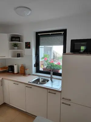 a kitchen with a sink and a refrigerator and a window at Apartma Nena in Bovec