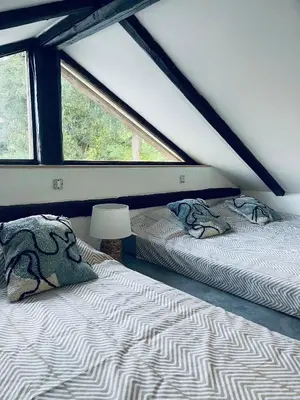 two beds in a room with two windows at Apartma Tany in Ljubljana