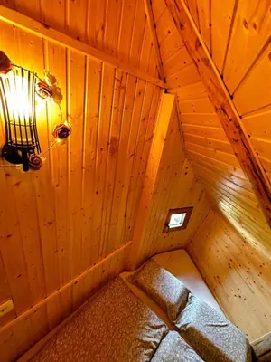 an attic room with a light on a wooden wall at Koča Velika Planina - Chalet Kamrica in Stahovica