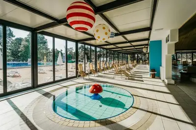 a swimming pool with a large room with windows at House Banovci in Banovci