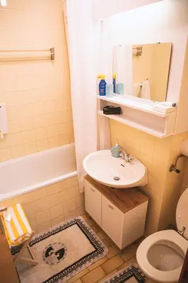 a bathroom with a sink and a toilet and a tub at Sončni apartma in Bovec