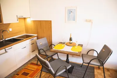 a kitchen with a table with chairs and a sink at Sončni apartma in Bovec