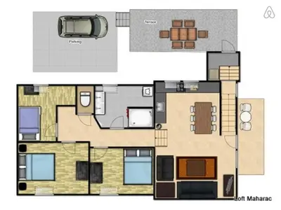 a floor plan of a house at House Maharac with 3 apartments till 15 persons in Kamno