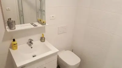 a white bathroom with a sink and a toilet at Valentina Guest House at Pintar Wine Estate in Kojsko