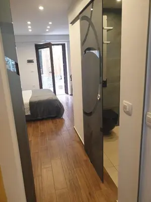 a room with a bed and a door with a mirror at Apartma na klancu in Kobarid