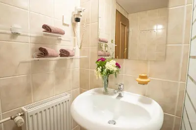 a bathroom with a sink and a vase of flowers at View apartment Lenart in Bohinj