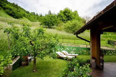 a garden with two lounge chairs next to a pond at Apartma Smithy (Kovačnica) in Laško