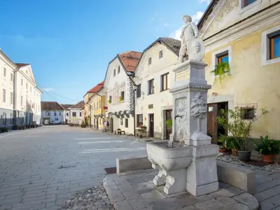 a statue in the middle of a street at Art House Radovljica in Radovljica