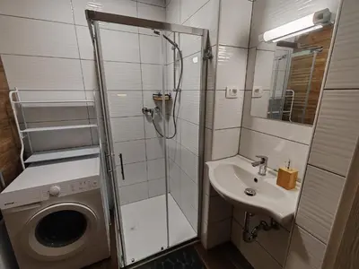 a bathroom with a washing machine and a sink at Apartments Malivojevič in Žirovnica