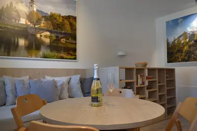 a bottle of wine sitting on a table in a living room at APARTMA VODNIK in Bohinj