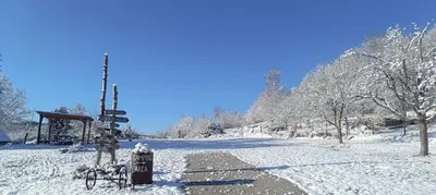 a snow covered field with a fire hydrant and trees at Cowboy House at Ranch Lambergar in Gabrovka