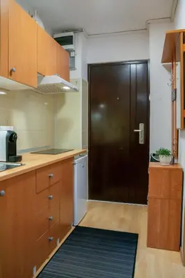 a kitchen with a large black door in a room at Small but cozy apartment in Maribor