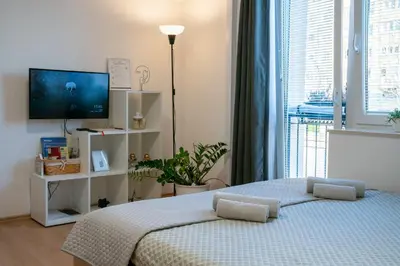 a bedroom with a bed and a tv and a window at Small but cozy apartment in Maribor