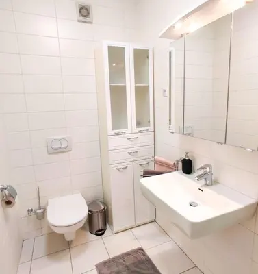 a white bathroom with a sink and a toilet at Alpine Nest in Bled