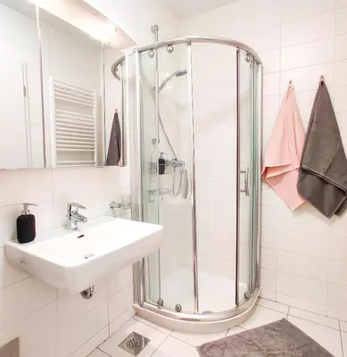 a bathroom with a sink and a shower at Alpine Nest in Bled