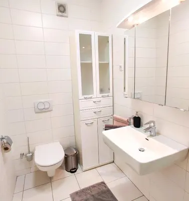 a white bathroom with a toilet and a sink at Alpine Nest in Bled