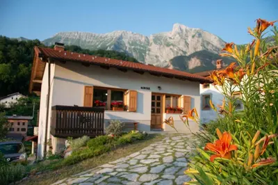 a white house with mountains in the background at Apartma Burk in Kobarid