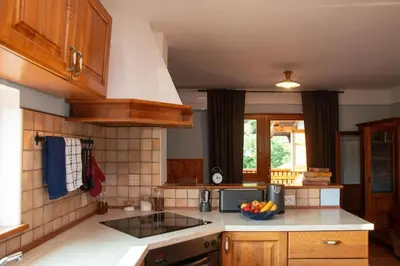 a kitchen with a bowl of fruit on the counter at Apartma Burk in Kobarid