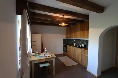 a kitchen with wooden cabinets and a table in it at Hiška pod Klumpo in Ormoz