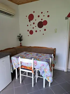 a table and two chairs in a room with a wall at Pri Ani Ruscovi in Bovec