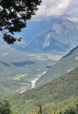 a view of a valley with a mountain in the background at Pri Ani Ruscovi in Bovec