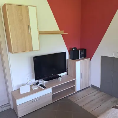 a living room with a television on a wooden cabinet at Pri Ani Ruscovi in Bovec